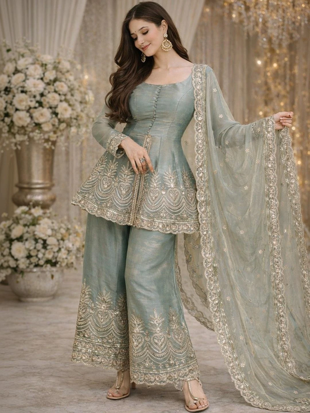 Women Ethnic Motifs Embroidered Empire Kurti with Palazzos & With Dupatta